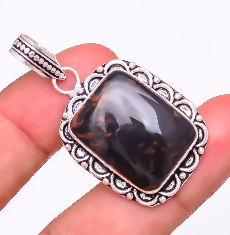 Natural Mahogany Obsidian Gemstone 925 Silver Plated Jewelry Pendant 1.8″ T309