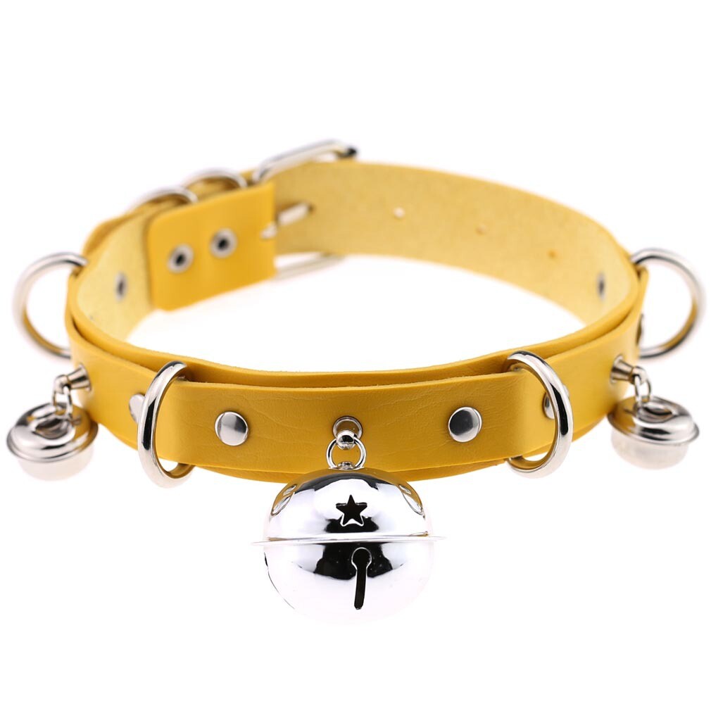 Allacki Punk Leather Choker Necklace Multilayer Bells Metal Chocker Collar