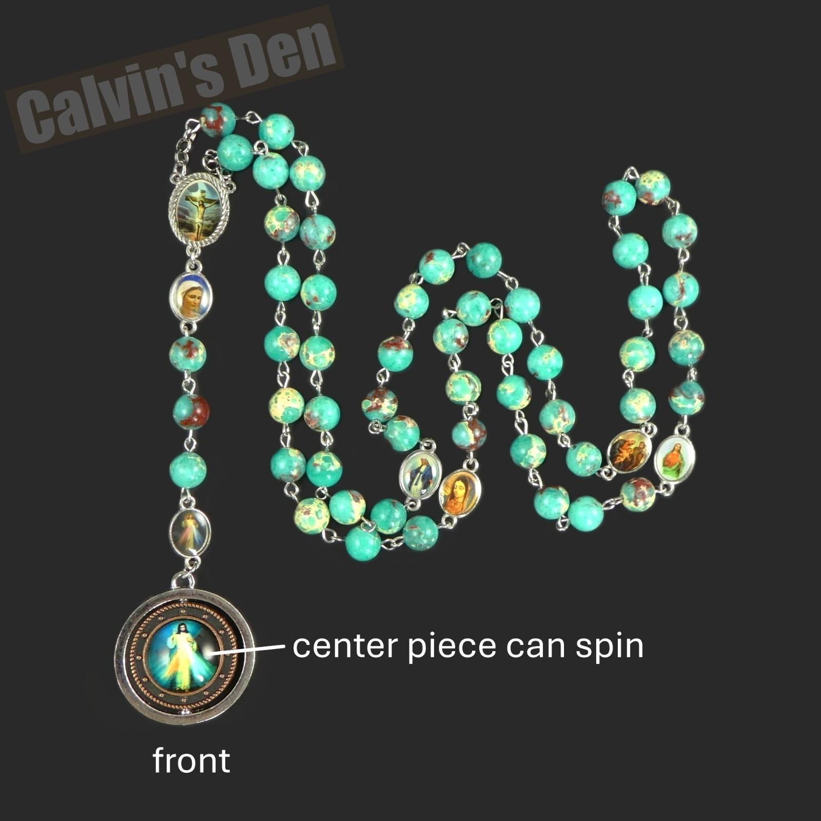 Green Snakeskin Jasper Bead Rosary Spinning Divine Mercy Madonna & Child Pendant