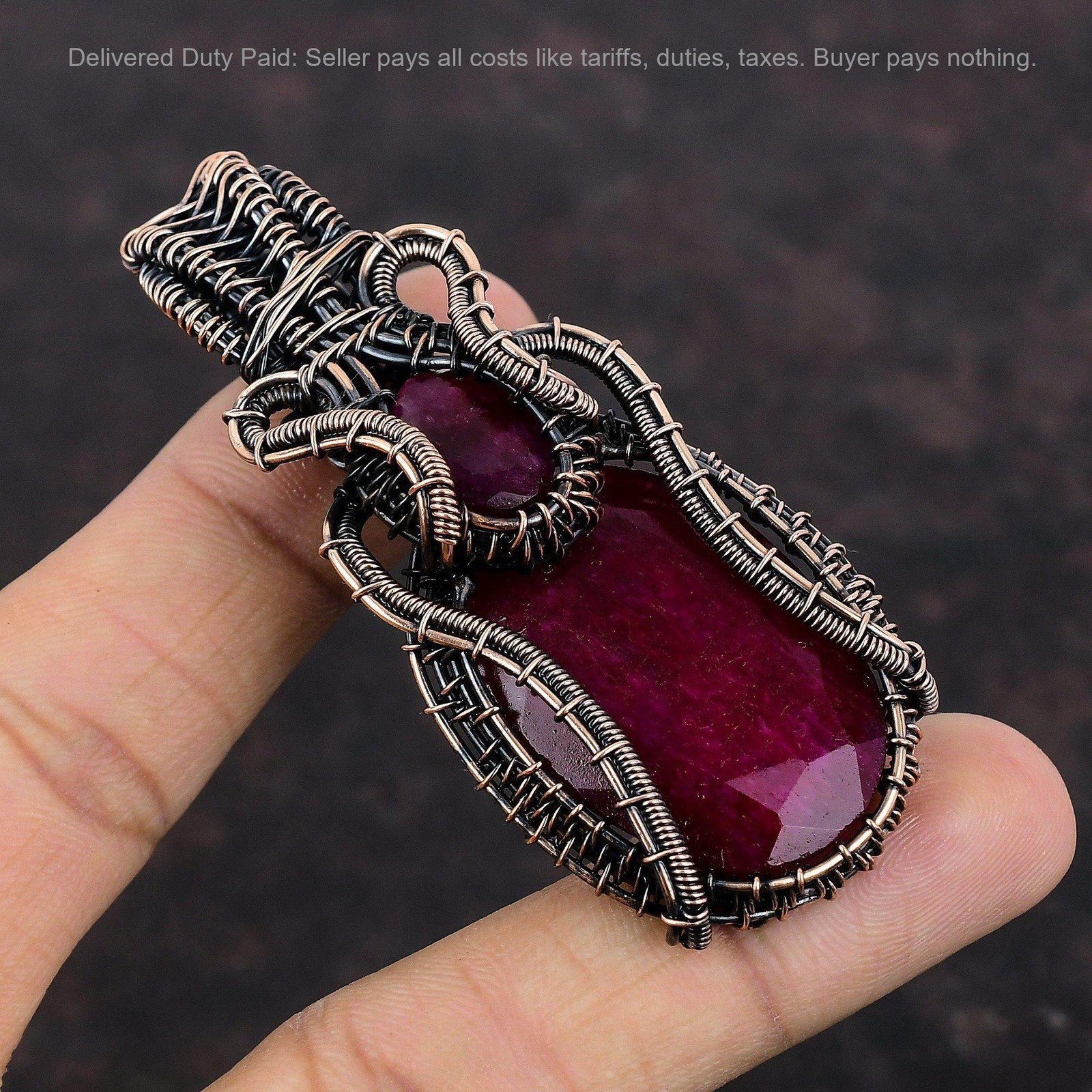 Oval Natural Kashmir Rubi Copper Anniversary Sister Wire Wrapped Pendant Jewelry