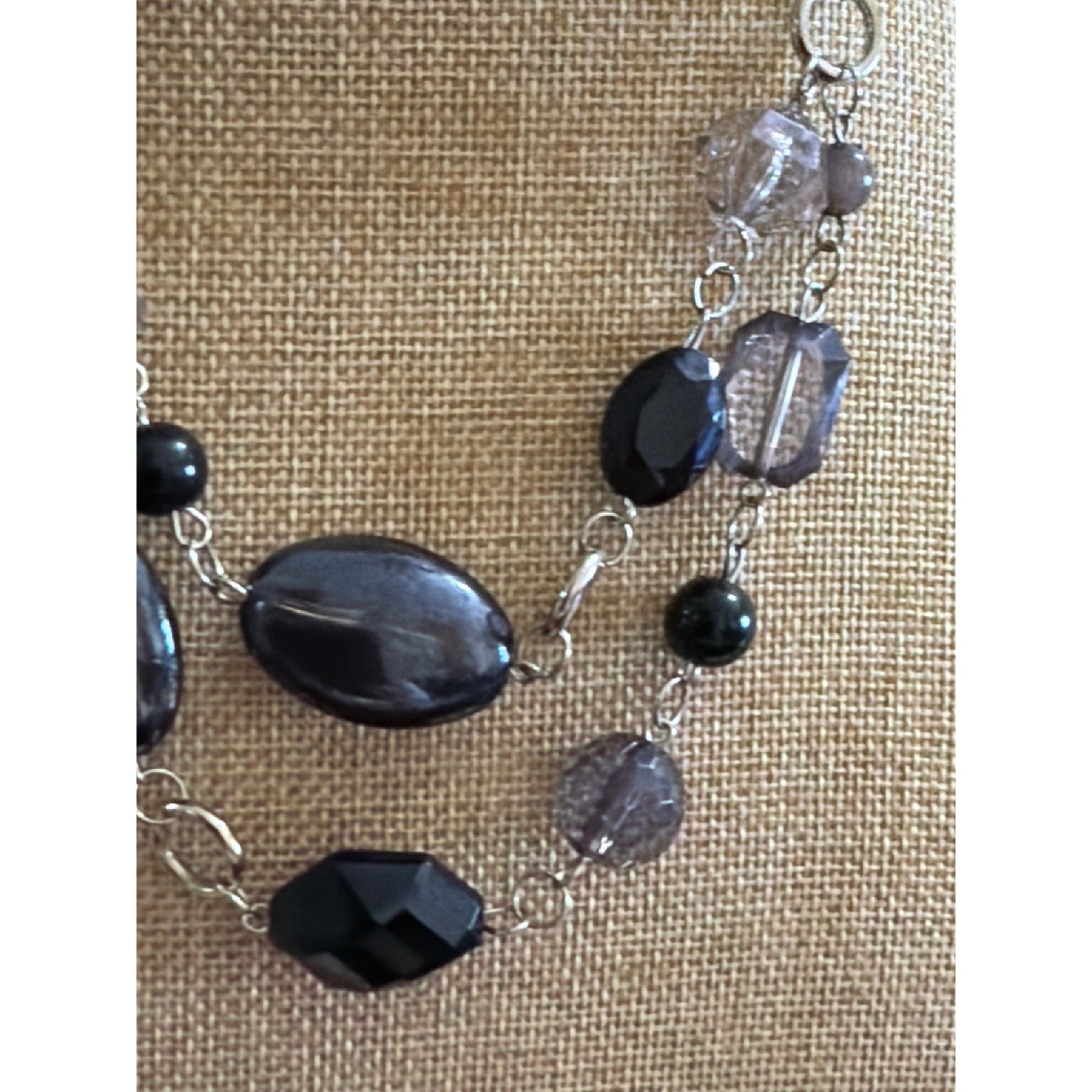 Black Grey Double Strand Beaded Statement Necklace Silver Tone Elegant