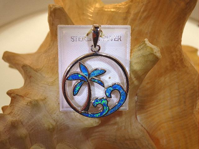 26mm Rhodium Plated 925 Silver Inlaid Blue Opal Hawaiian Palm Tree Waves Pendant