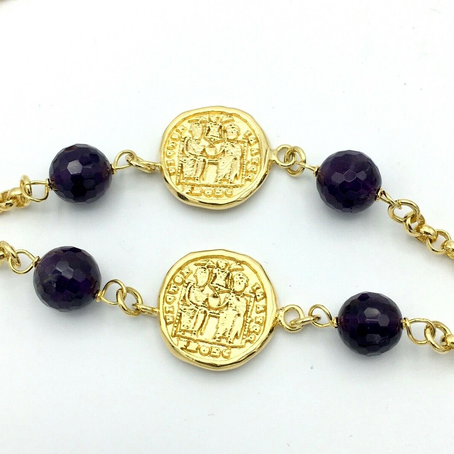 BRONZALLURE faux coin necklace – amethyst bead gold-plated station Italy 35″