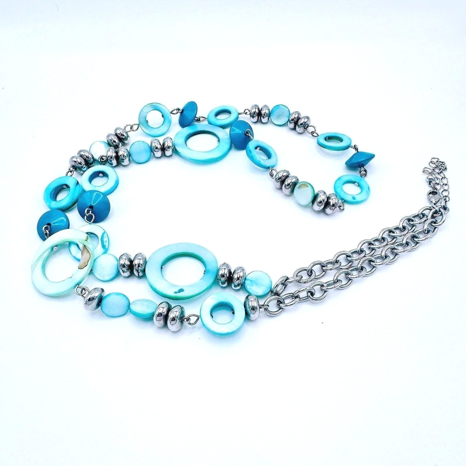 Long Boho Shell Necklace Blue Aqua Chunky Coastal Silver Tone Statement 36″ Y2K