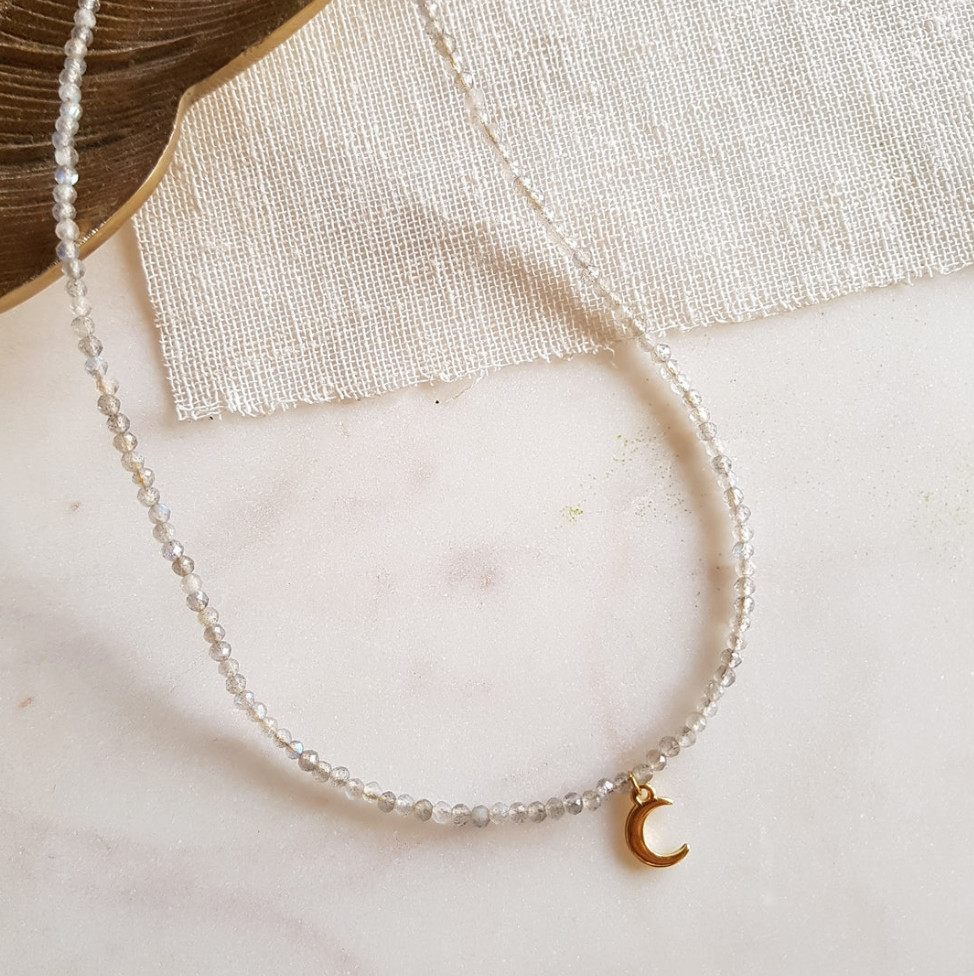 Beaded Labradorite Choker Necklace Moon Pendant 18k Gold Plated Artisan Handmade