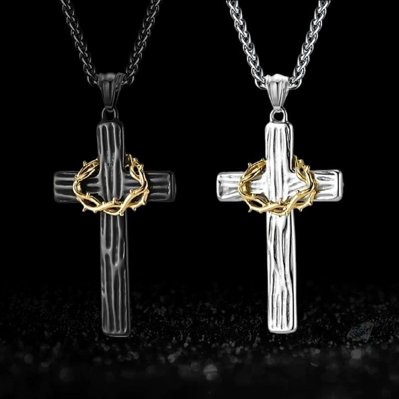 Mens Christian Cross Necklace Crown of Thorns Pendant Faith Religious Gift Jesus