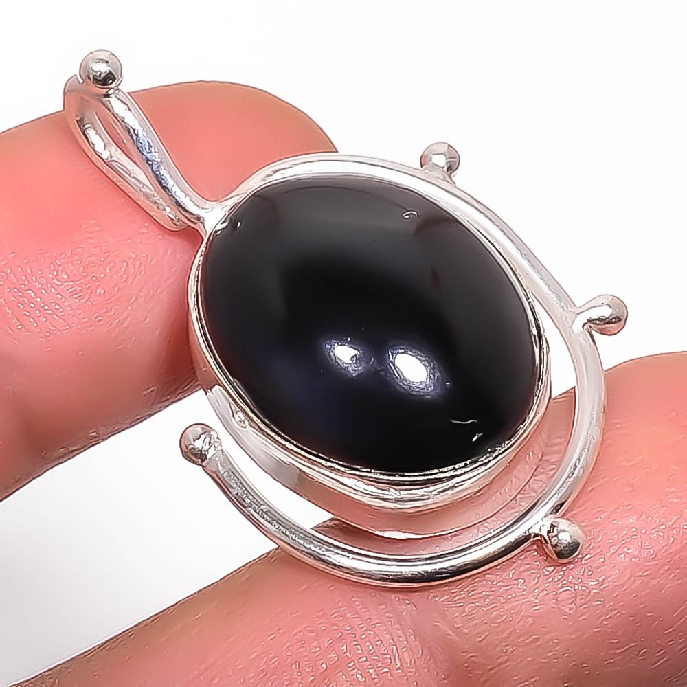 Natural Black Onyx – Brazil Gemstone 925 Silver Plated Pendant 1.56″ P7371-1
