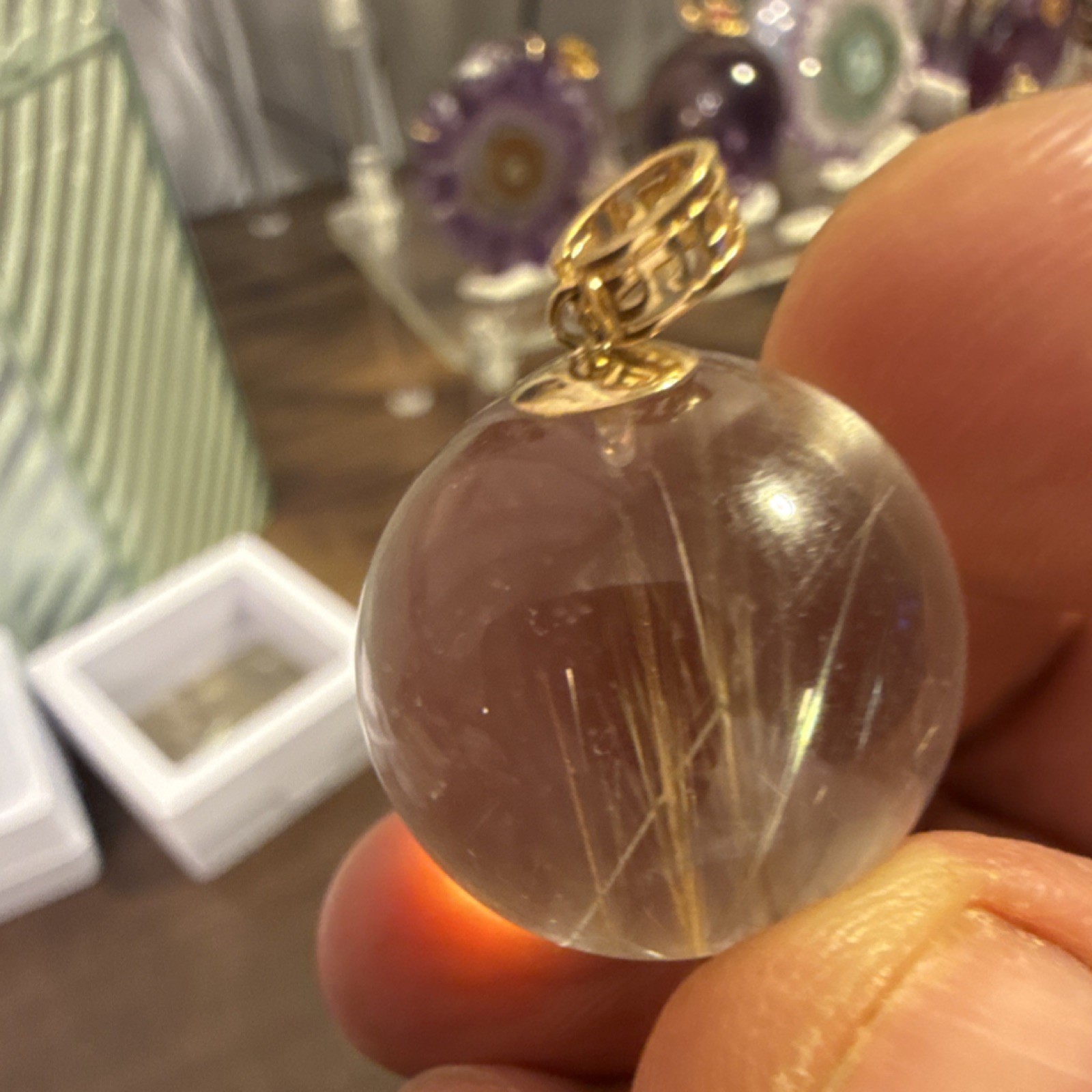 Clear Quartz With Silver Rutile Sphere Charm Pendant with 18k Gold Bail