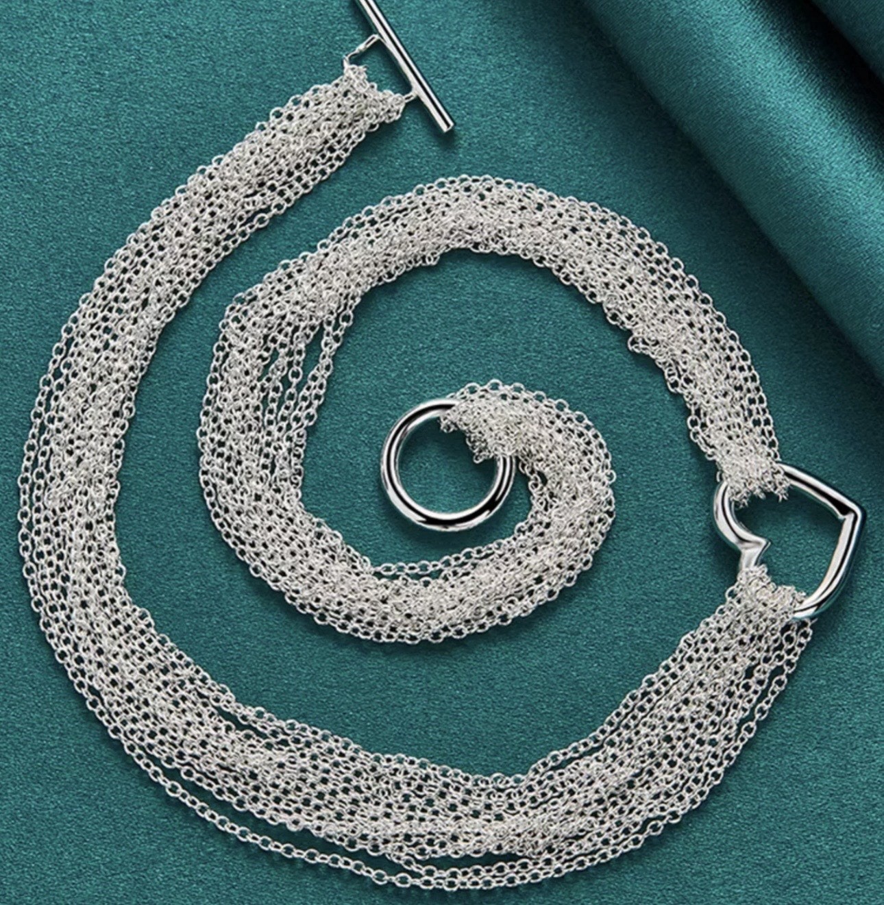 .925 Sterling Silver Multi-Thin 17.5 in Necklace Heart 8” Bracelet Wht GdToggle
