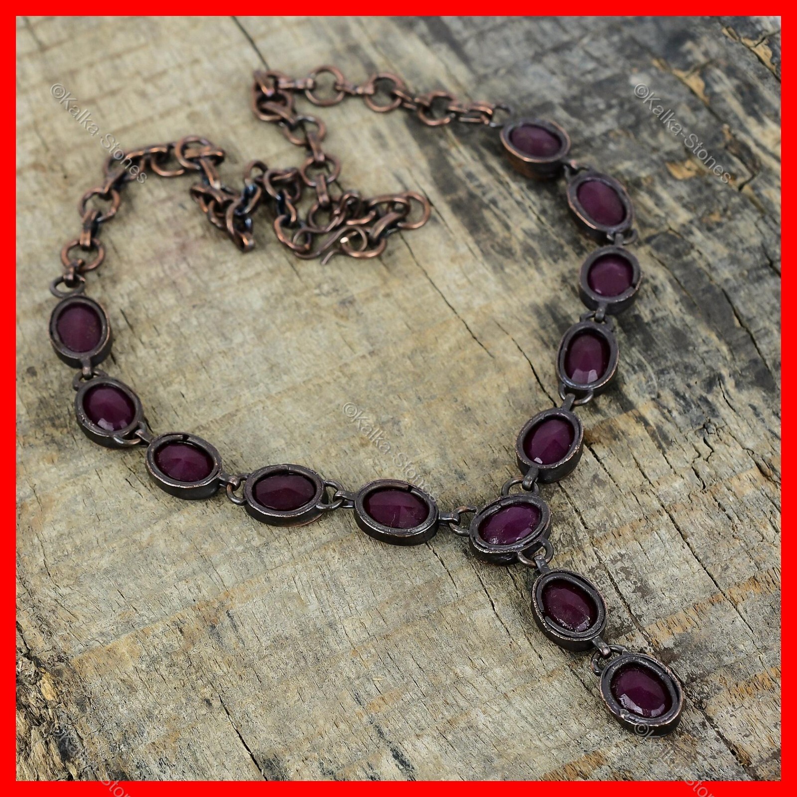 Copper Natural Kashmir Rubi Bezel Chain Electroformed Artisan Necklace Jewelry