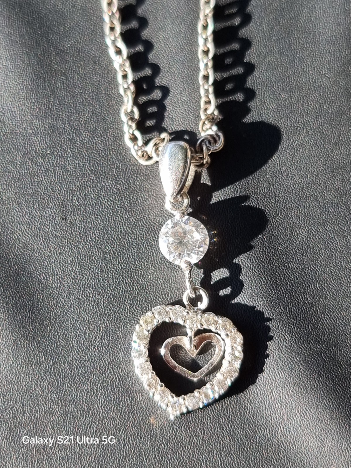 925 Sterling Silver Double Heart Cubic Zirconia Pendant on Belcher Chain. ( Genu