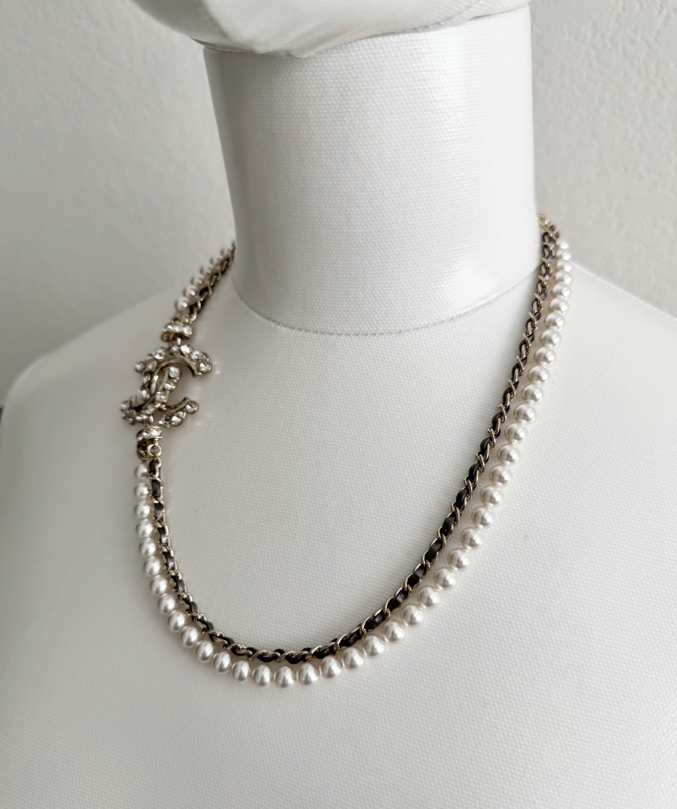 Chanel Pearl Crystal CC Necklace Bronze Leather 23P Adjustable Light Gold Chain