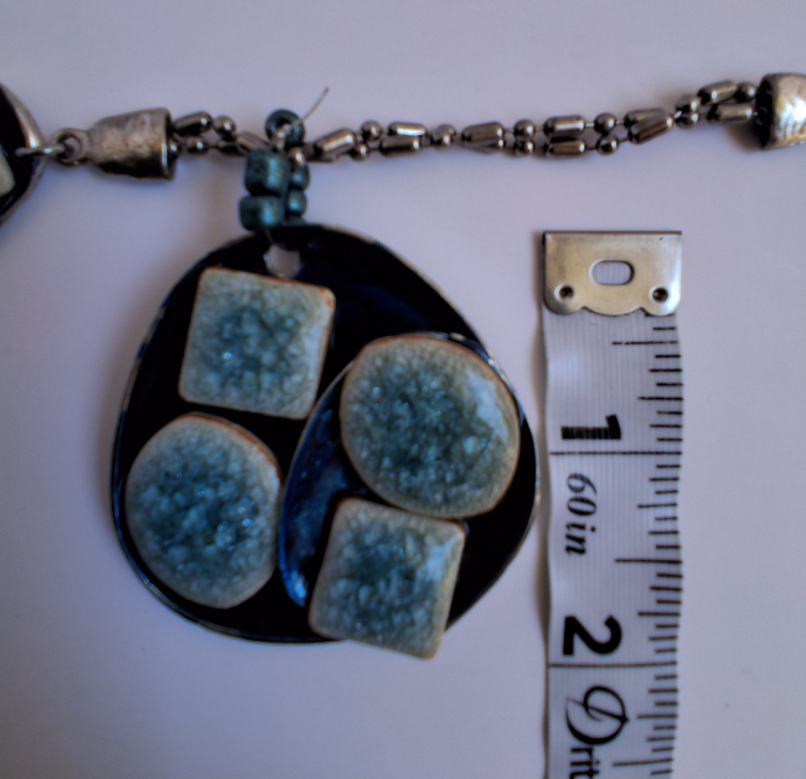 Modern Silver Tone Blue Glitter Stone Geometric Pendant Statement Necklace