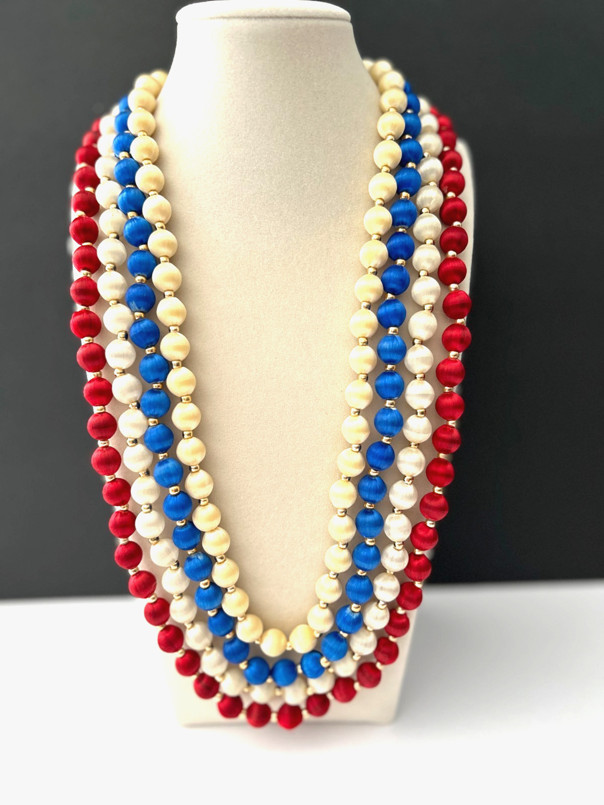 4 Vintage Cream RED WHITE & BLUE Silk Satin Thread Beaded Necklaces 4Th of July
