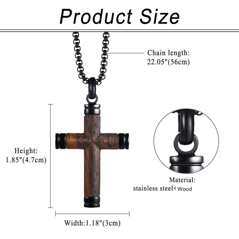 Cool Mens Boys Stainless Steel Natural Wood Cross Pendant Necklace Women Chain