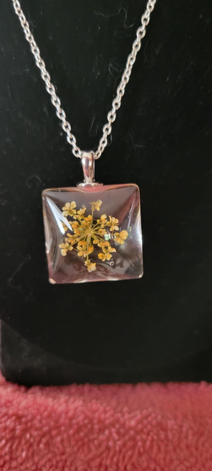 Square Clear Glass Yellow Flower Pendant Necklace 16 Inch, 925 Chain