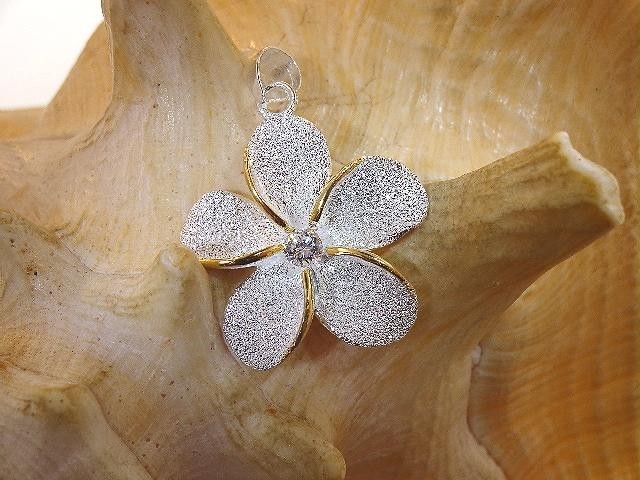 26mm Yellow Gold Plated 925 STER Silver Sparkly DC Hawaiian Plumeria CZ Pendant