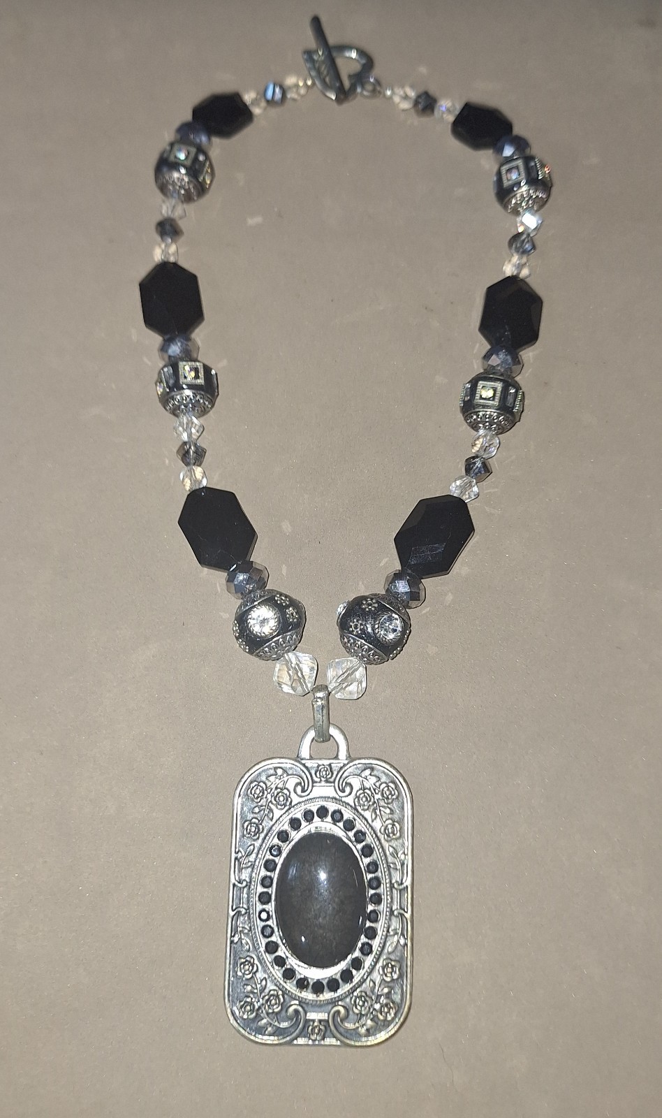 Black & Silver Tone Beaded Necklace w/ Rectangle Charm Pendant