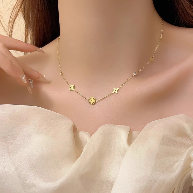 Women 14K Gold Plated Stainless Steel Flower Star CZ Station Necklace PE44