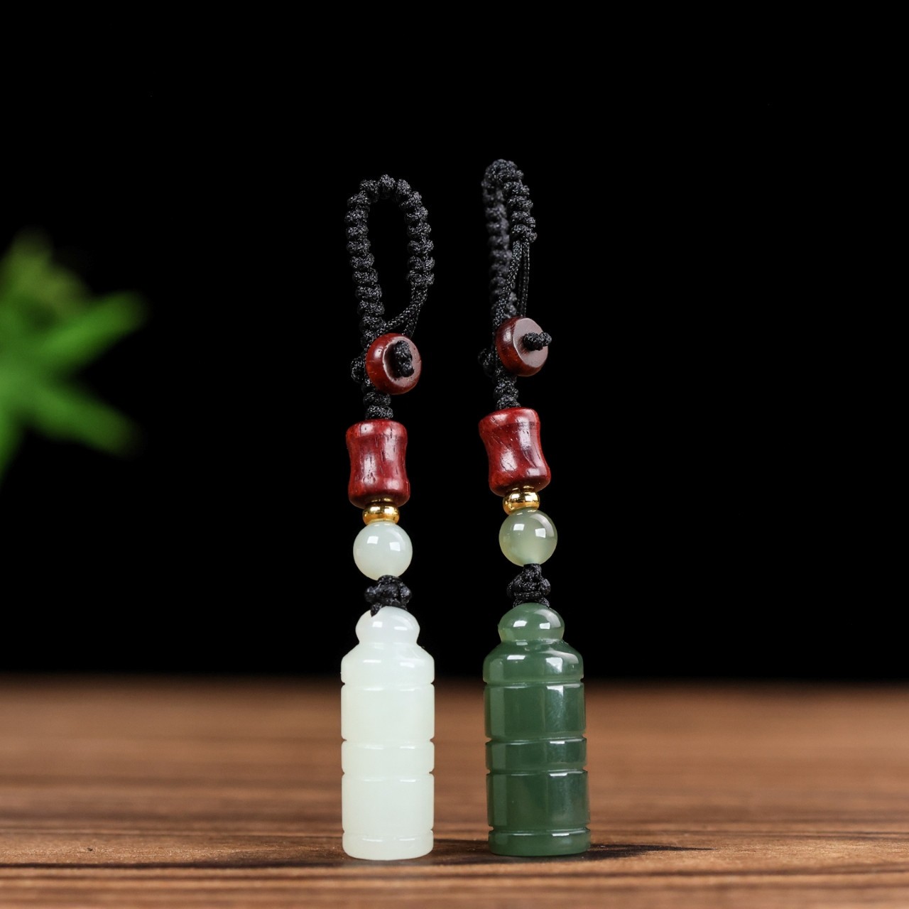 Certifed Natural Hetian jade Green White Carving Bamboo seal Car key pendant