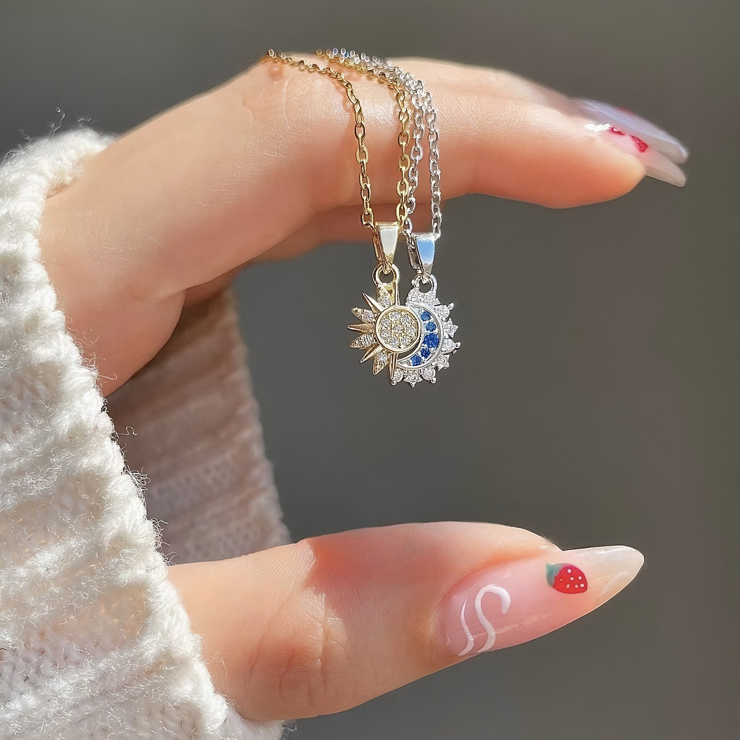 Blue Gemstone Sun & Moon Matching Necklace Set Magnetic & Adjustable Stainless
