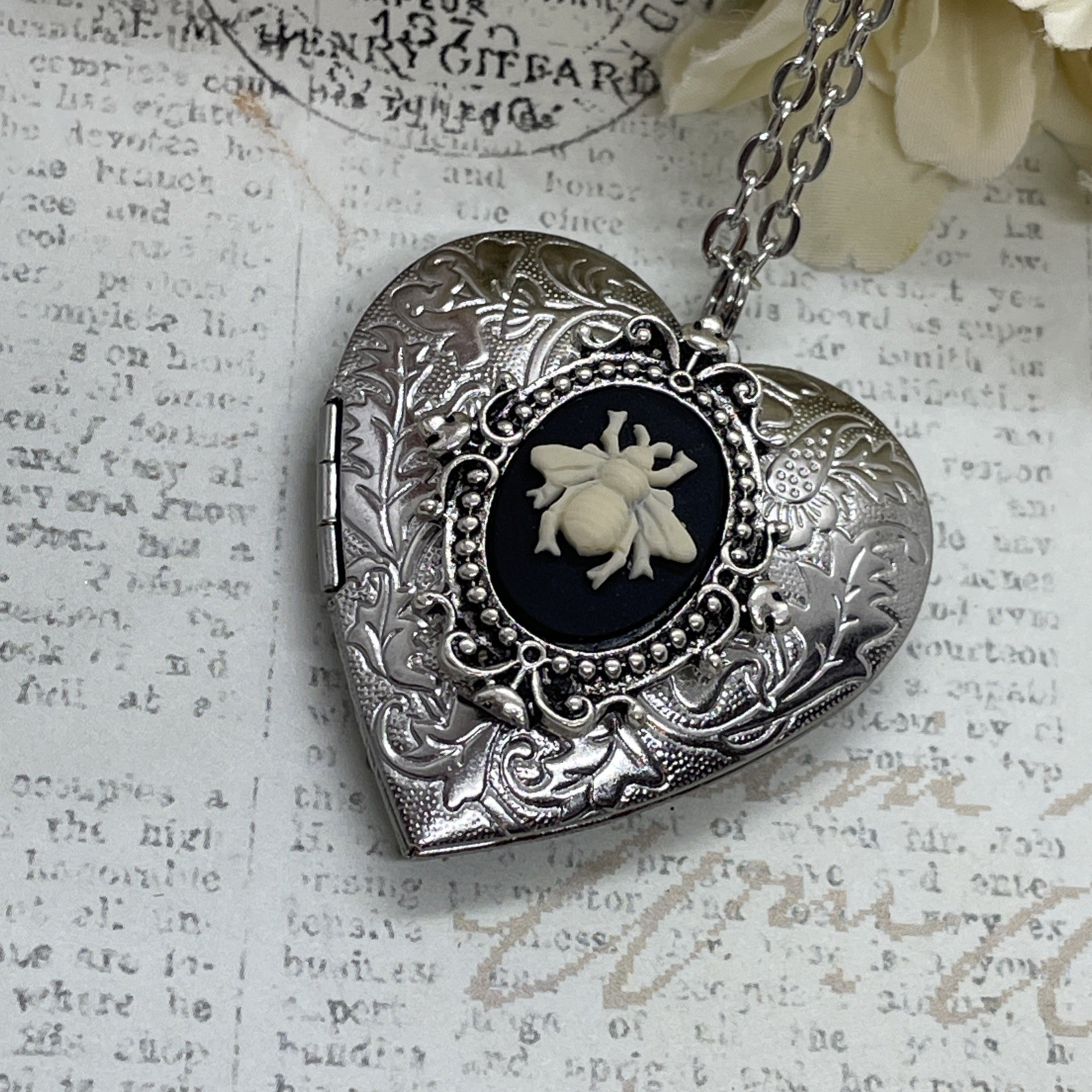 Heart Silver Locket Bee Honey Bumble Cameo Necklace Photo Bride bridal wedding