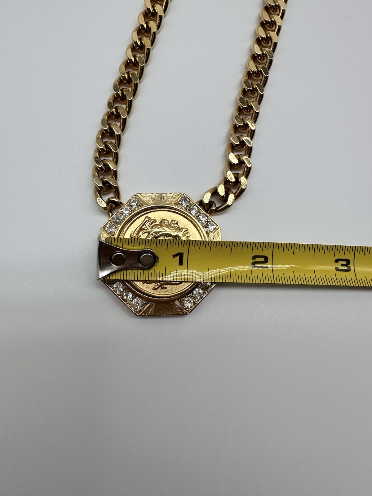 Gold Tone Miami Curb Chain/Crystal Accents/Roman French Emp. Faux Coin Pendant