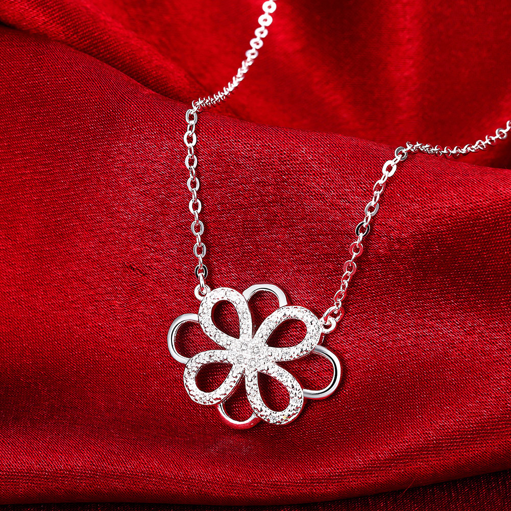 Lovely 925 Sterling Silver Filled SF Filigree Flora CZ Pendant Necklace N-A645
