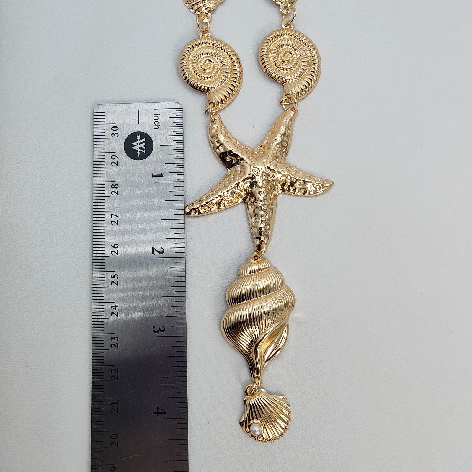 Ocean Theme Statement Y-Necklace Gold Tone Lariat Starfish Shell Mermaidcore