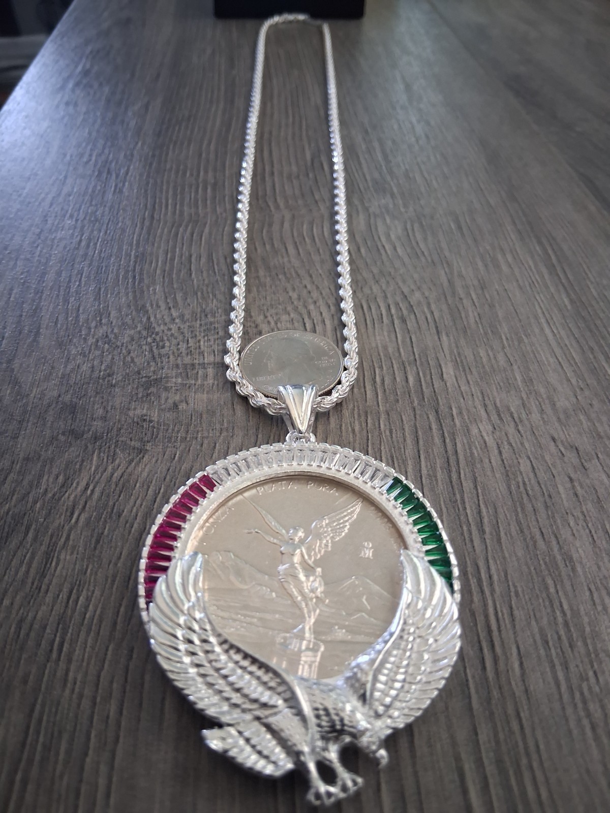 cadena bizel aguila y moneda 1 OZ plata 925 83 gramos 24″ larga 3.4mm plata MX