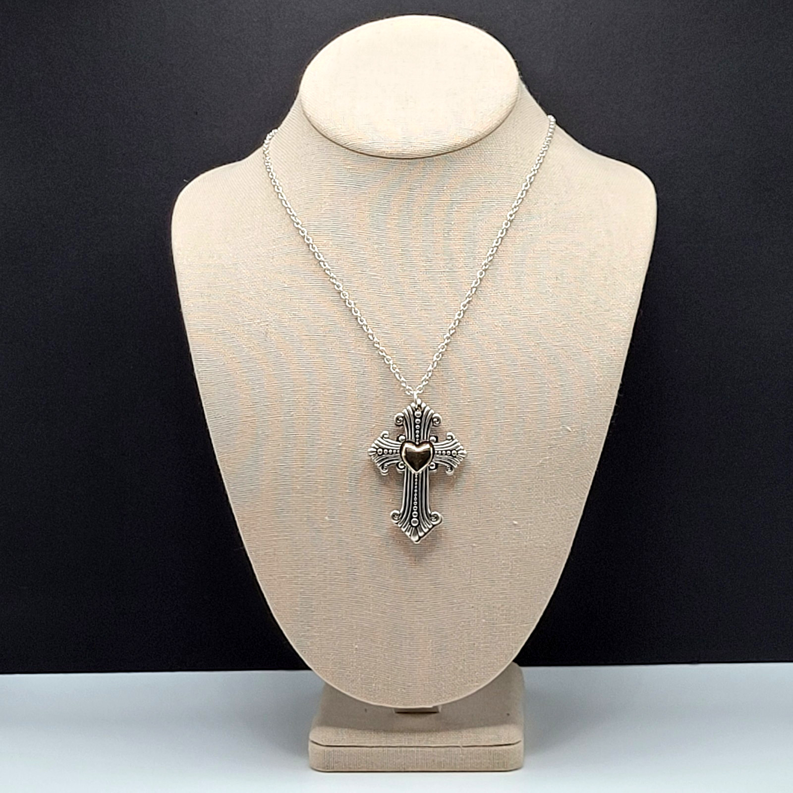 Modern Slide Cross Heart Charm Serenity Prayer Roman Style Silver Tone Necklace