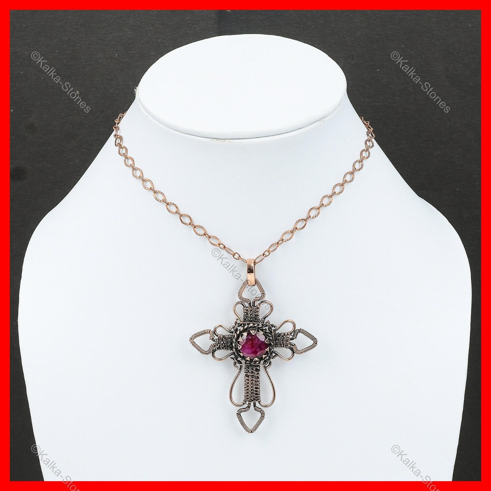 Kashmir Rubi Gemstone Copper Cross And Wire Wrapped Ethnic Wife Pendant Jewelry