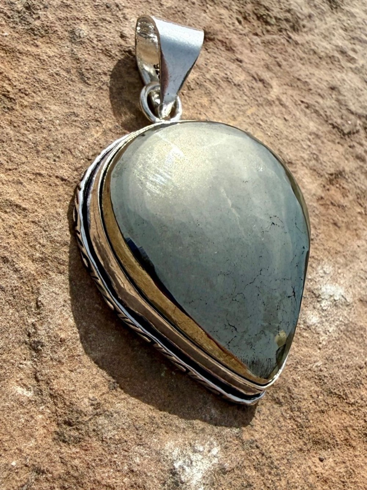 925 Sterling Silver Teardrop Pyrite Pendant in Metallic Gray
