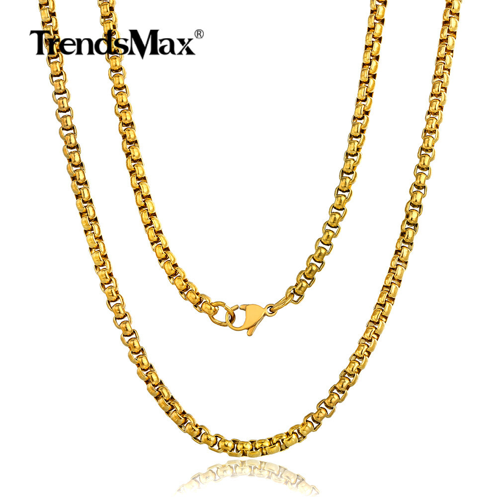 4mm Mens Womens Chain Gold Plated Stainless Steel Round Box Link Necklace 18-28″
