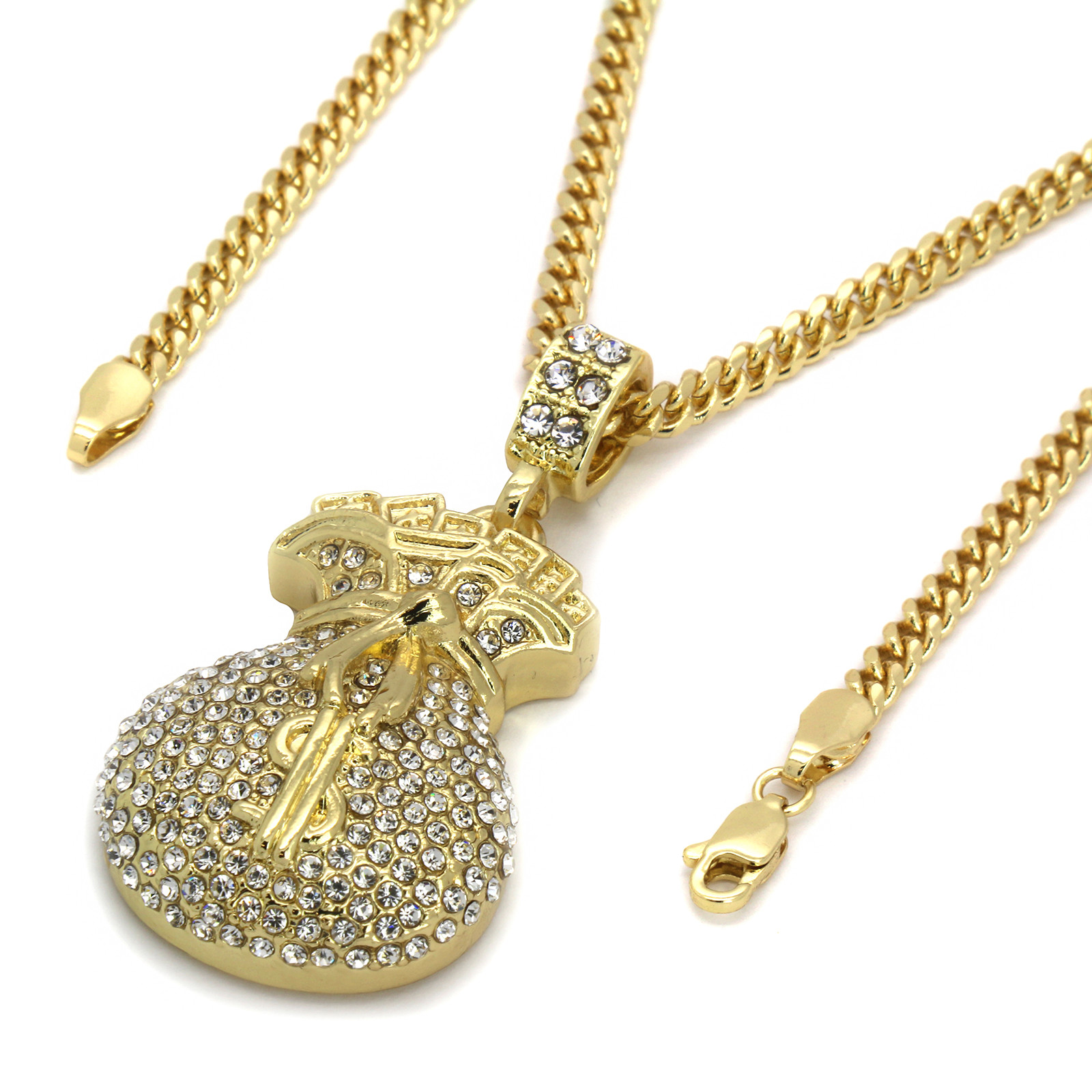 14k Gold Plated Cash Money Bag $ Cubic-Zirconia Hip-Hop Pendant Cuban Chain