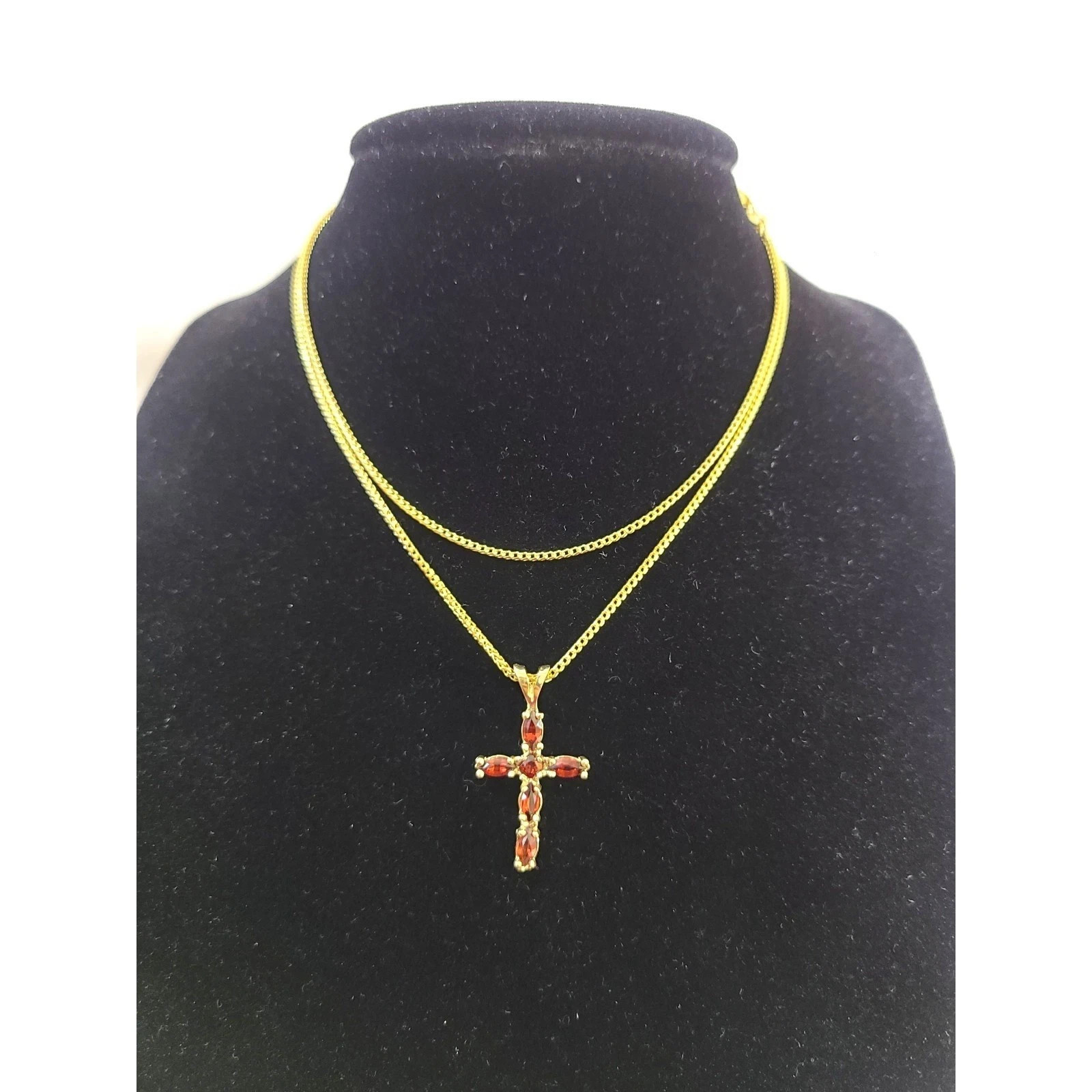 10K Yellow Gold Franco Chain Red CZ Cross Pendant Necklace 1mm 16 18 20 22 Women