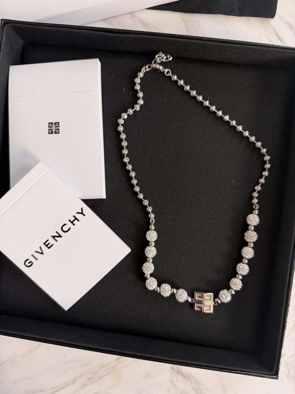 Givenchy Signed Silver-Tone Pavé Crystal Ball/Bead Chain Necklace, Lobster