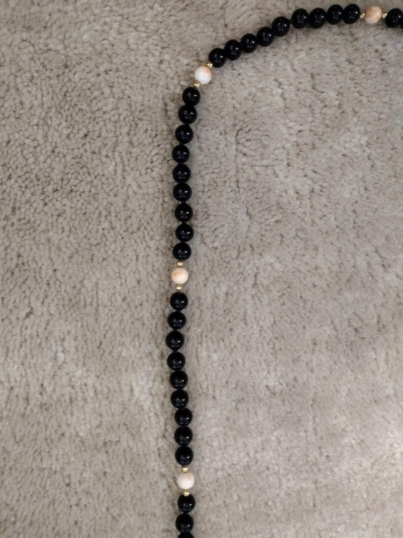 Black and Pink Coral Necklace Gold beads hand knotted 16 inch. Ships Free