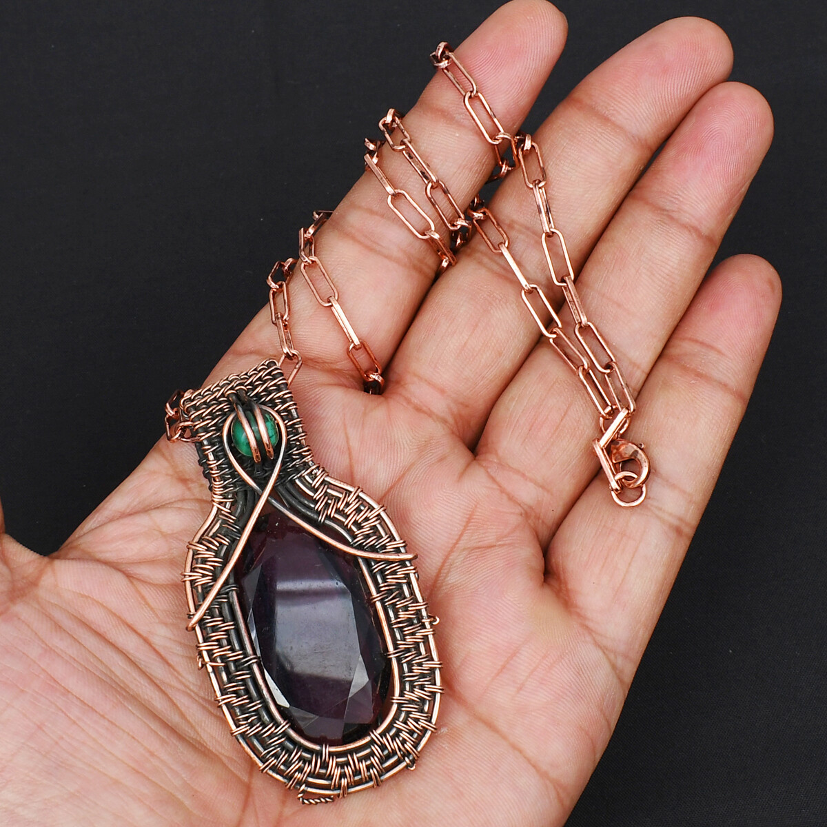 Amethyst Gemstone Copper Wire Pendant with Copper Cable Chain Necklace Jewelry