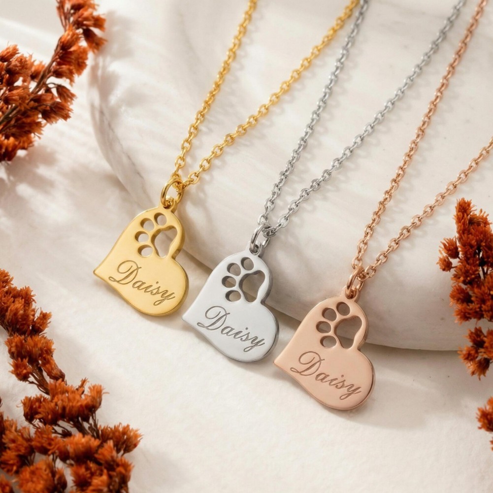 Personalized Paw Name Necklace with Engraved Pet Jewelry for Animal Lover Gift