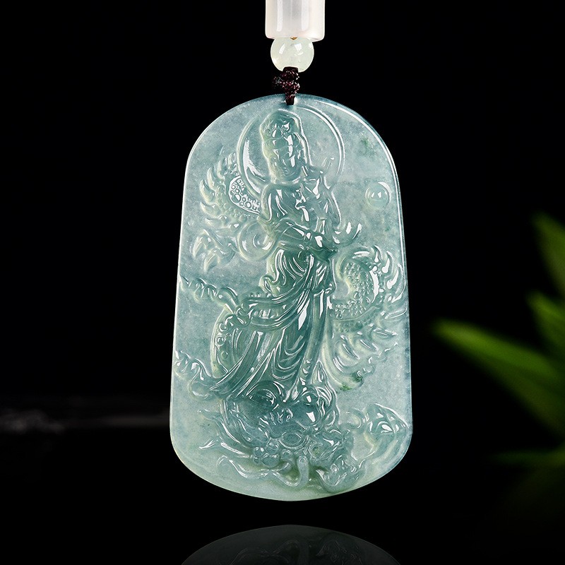 Natural Blue Water Jadeite Dragon Avalokiteshvara Pendant Unisex Adult Necklace