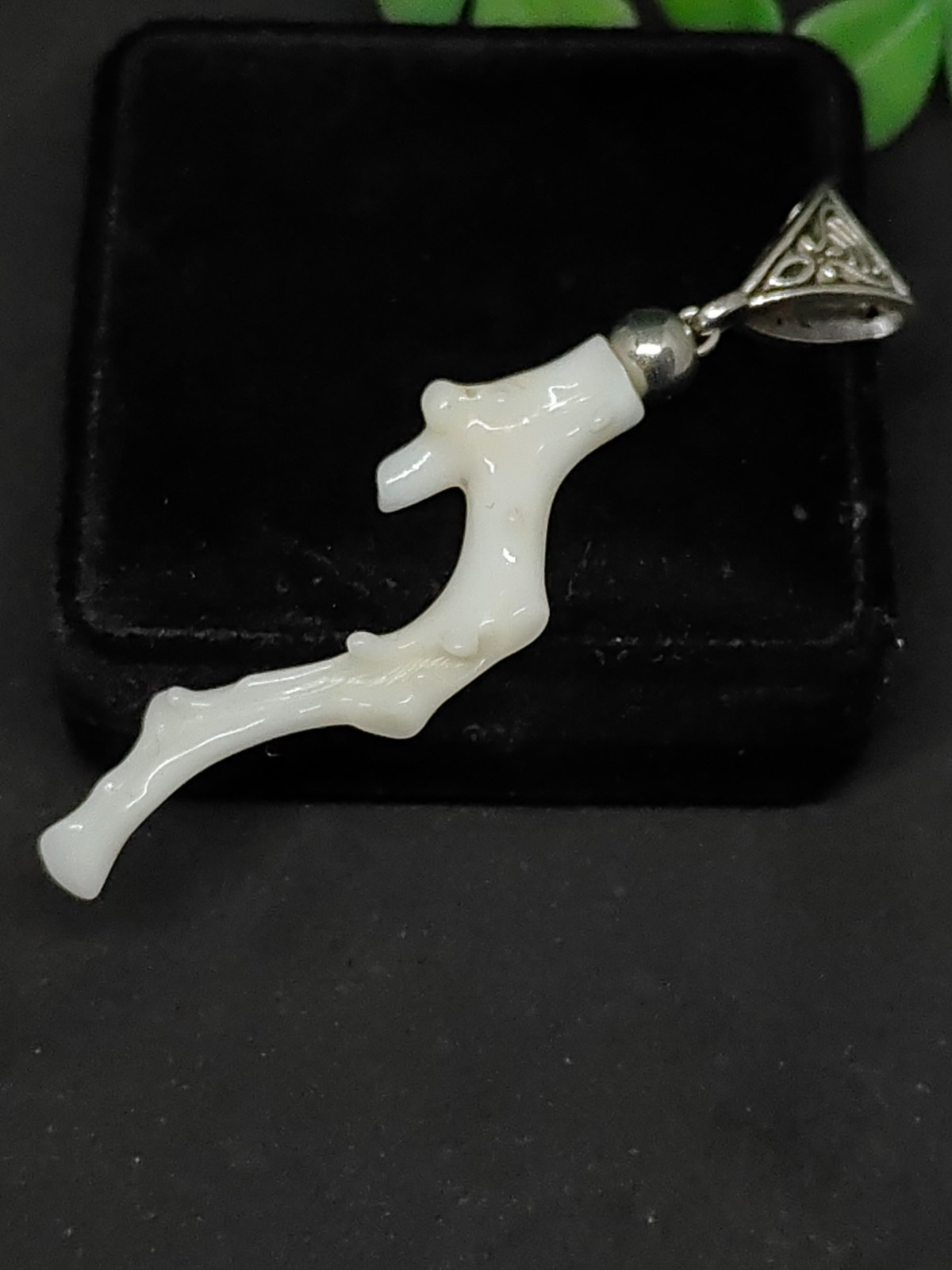 Japanese White Coral Branch Pendant: Silver-Tone Brass Bail, Gift for Her