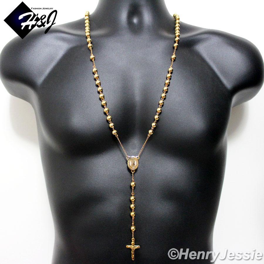 30+5″MEN’s Stainless Steel HEAVY 8mm Gold Plated Beads Cross Rosary Necklace