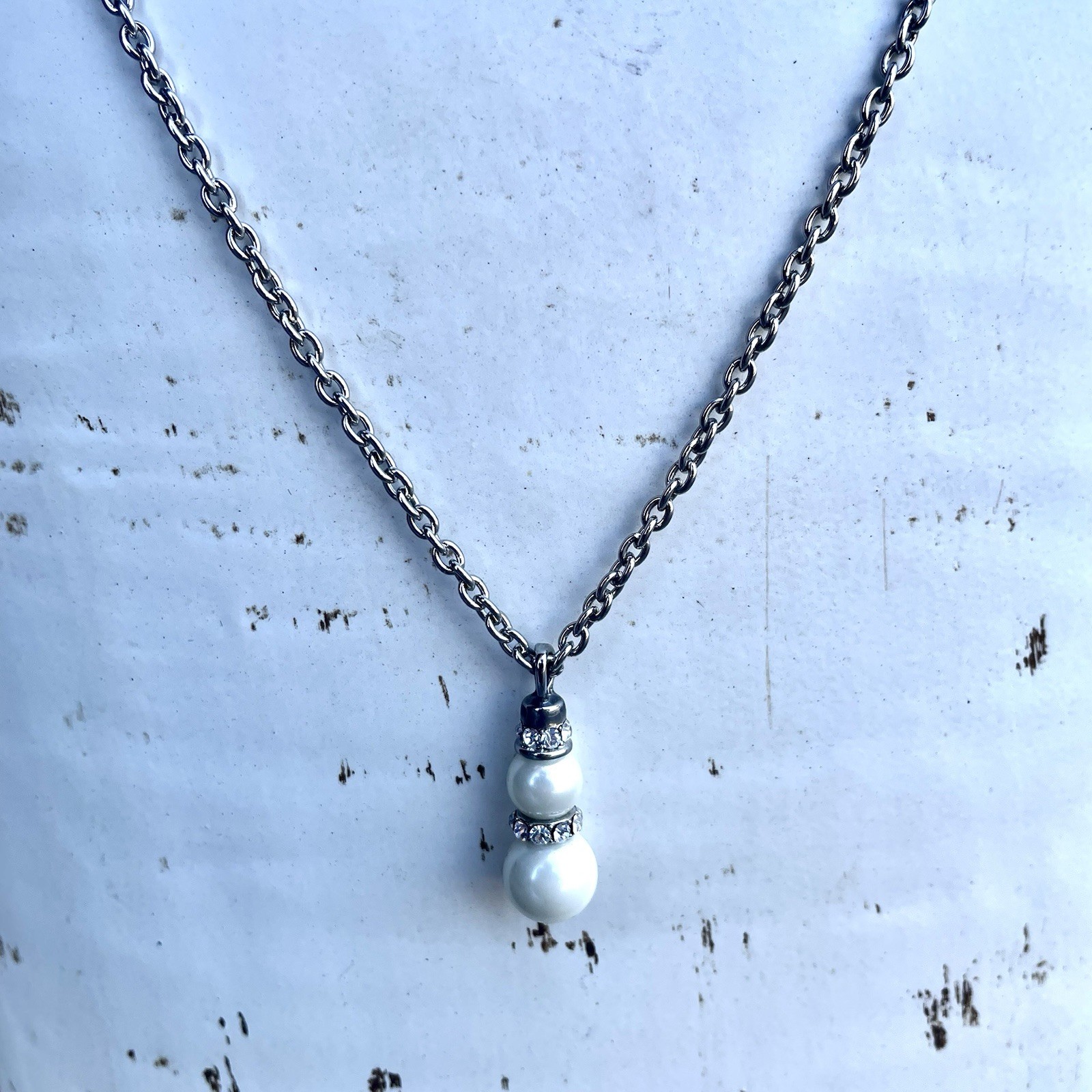 Charter Club Faux Pearl Rhinestone Pendant Necklace Silver Tone Signed 18-20”