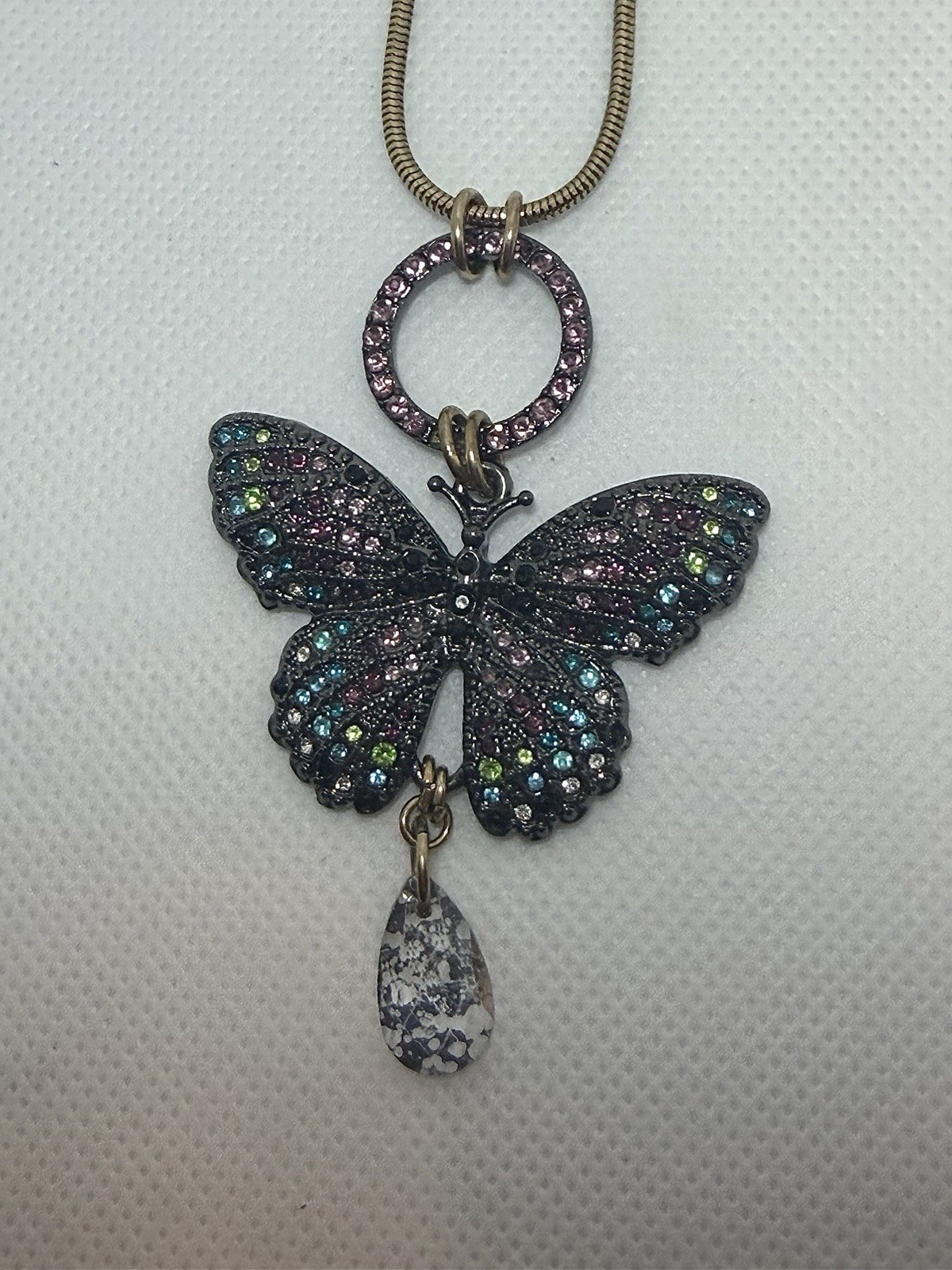 Gold Tone Butterfly Pendant Snake Chain Necklace, Multicolor Rhinestones