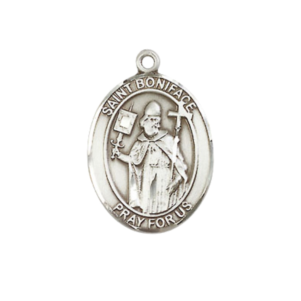 Medium Sterling Silver Saint Boniface Medal Pendant 24″ Endless Chain Necklace