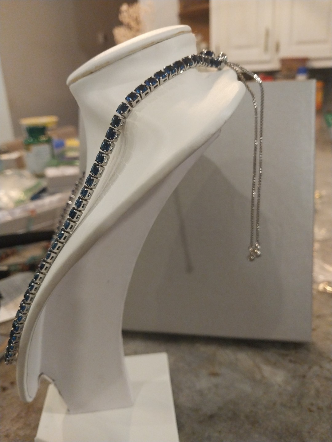 Simulated Sapphire Tennis Necklace (18-26 Inches) with Bolo Slider in Silvertone