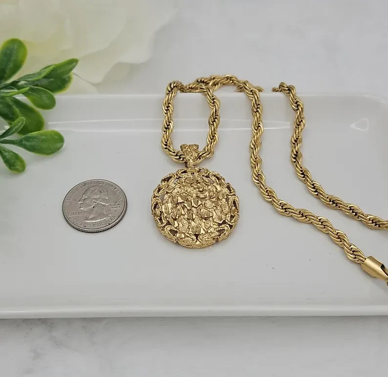 Large Gold Nugget Necklace, 5mm French Rope Chain, 14k Heavy Plated Gold