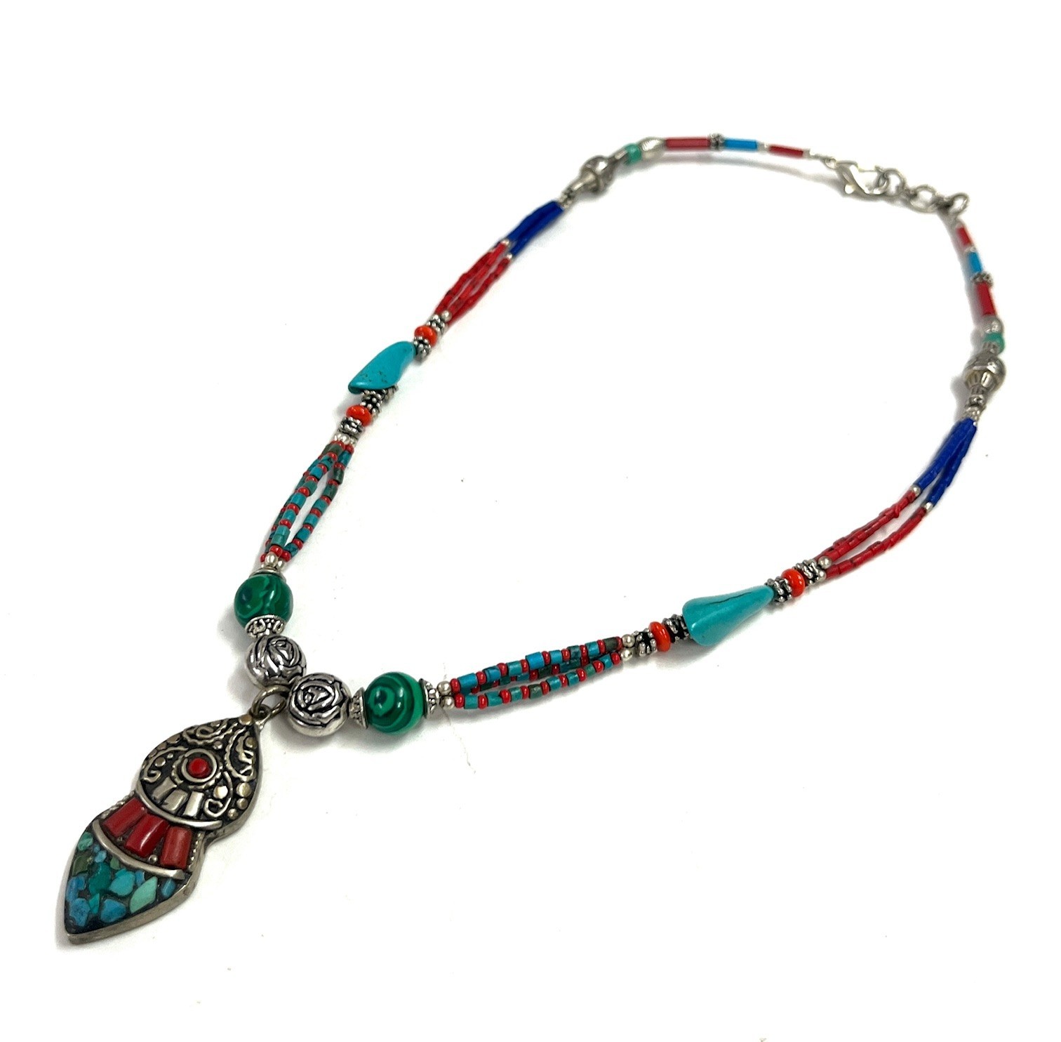 Vintage Coral Turquoise Gemstone Tibetan Style Necklace Jewelry, 17 Inch Adjs