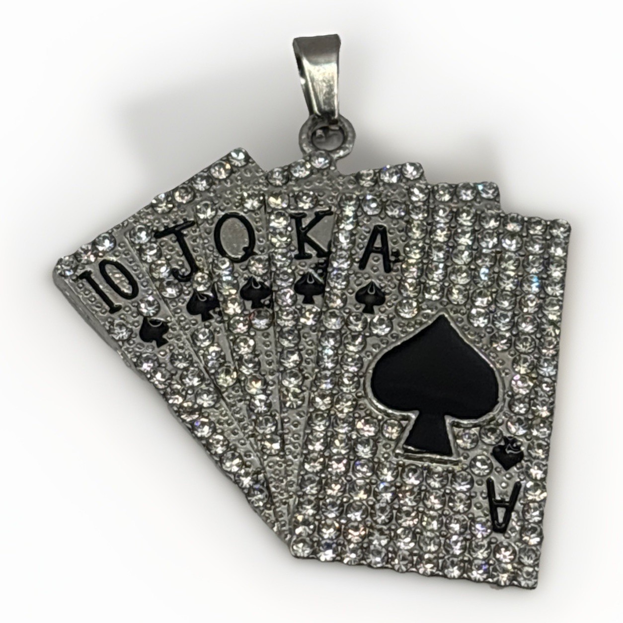 Iced Out Royal Flush Playing Cards Pendant Silver Stainless Steel Hip Hop